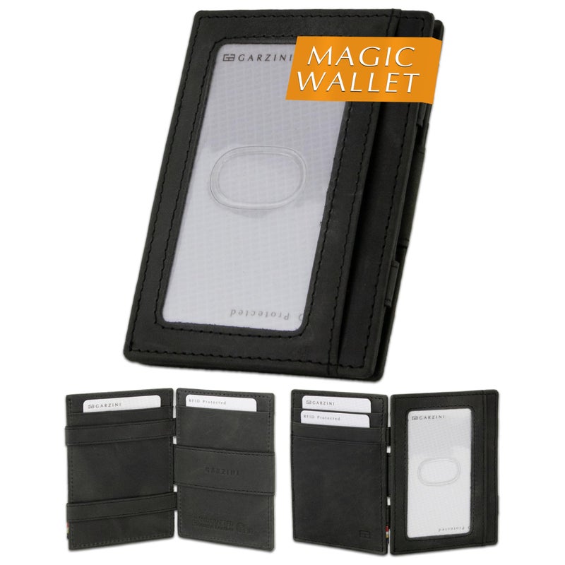 GARZINI Magic Wallet with ID Holder, Minimalist Wallet with RFID card holder, Leather Wallet for 8 cards, Brushed Black - Image 1